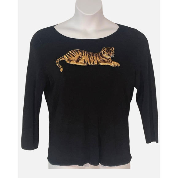 Sweater Works Sz XL Pullover Sweater Top Sequin Tiger Applique Black Slinky Knit - Picture 1 of 9